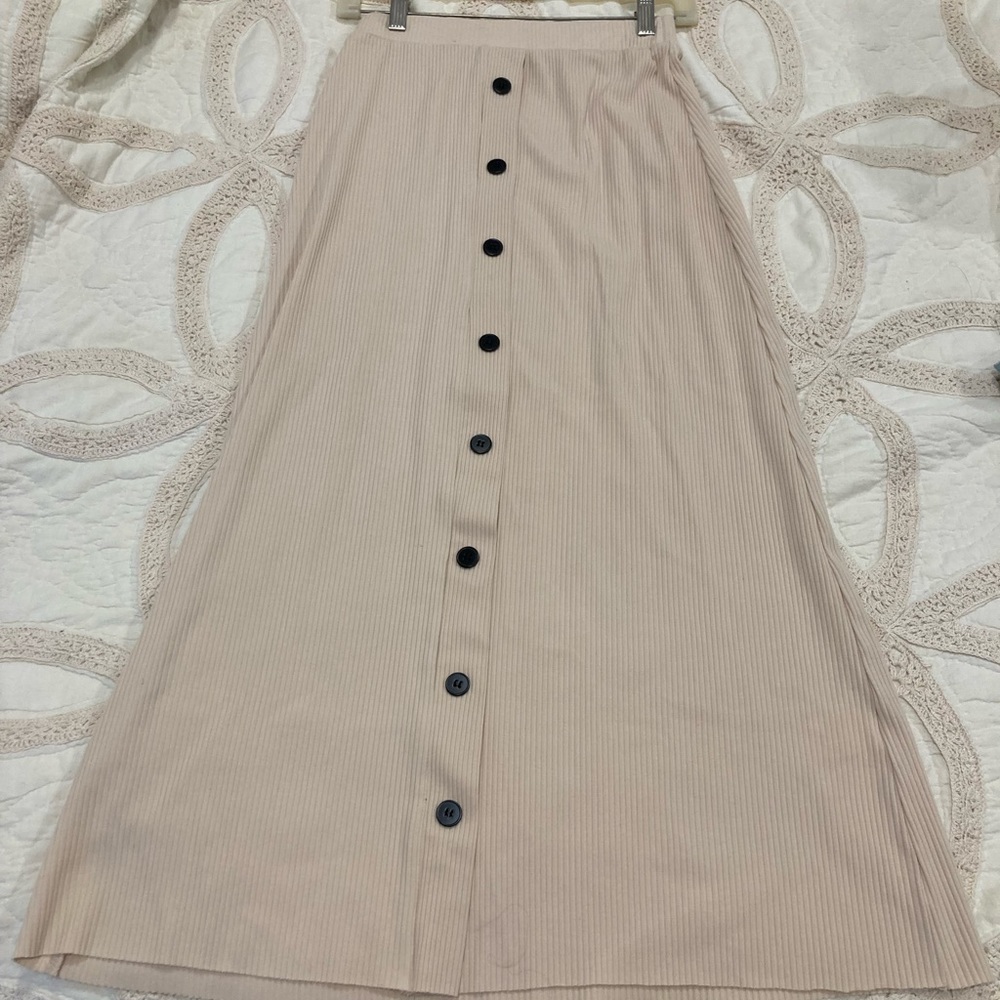 Beige Midi Skirt with Black Buttons